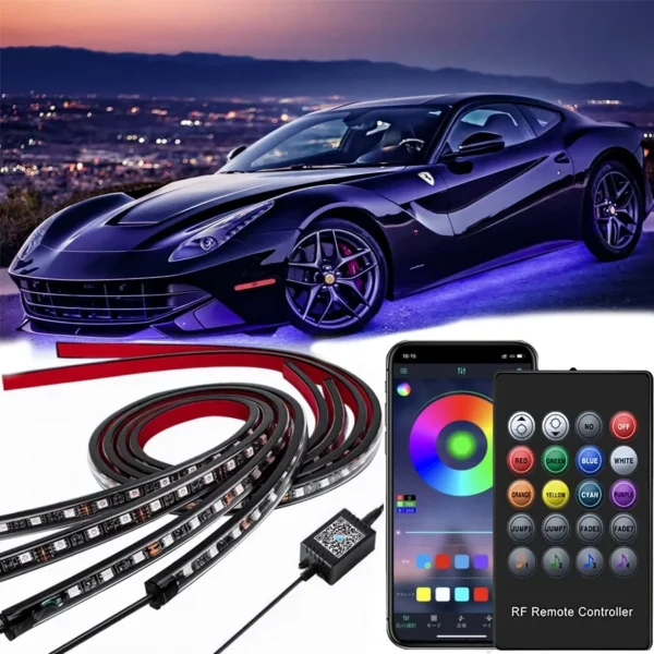 Waterproof Car Underglow Atmosphere Lamp Neon Accent LED Light Strip App/Remote Control RGB Auto Exterior Underbody Decorative